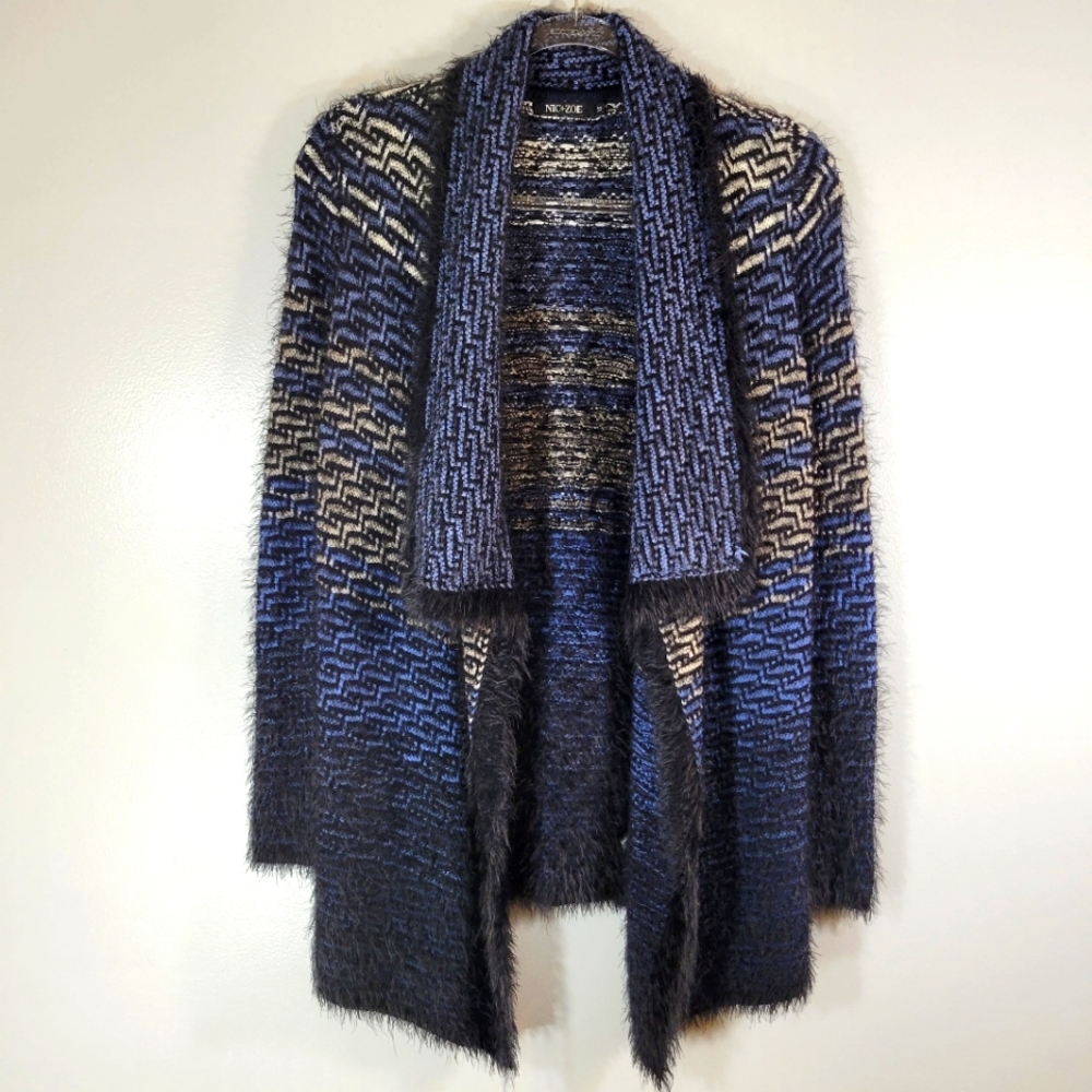 NIC+ZOE blue multicolor soft eyelash knit fuzzy open front cardigan sweater